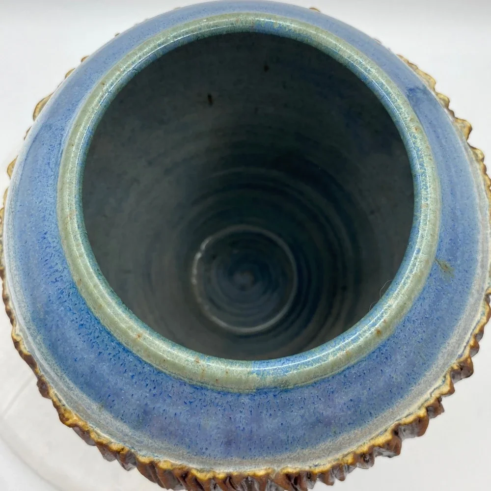 Studio Pottery Blue Speckled Globular Vase Textured Brown Band Artist Signed 8